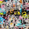 Urban graffiti collage with scribbled characters, torn paper effects, tags, and hand-drawn elements on a layered black and beige wall